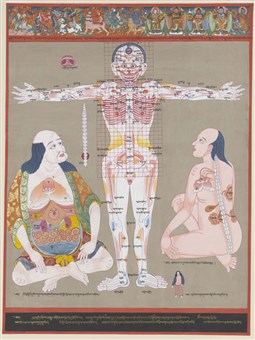 Anatomy of vulnerable points: This tangka depicts the points of the body that are most vulnerable to injury and disease. The figure in the center shows the vulnerable blood vessels, muscles, and bones, while the figures sitting down on either side show the vulnerable internal organs such as the heart, liver, lung, and spleen.
