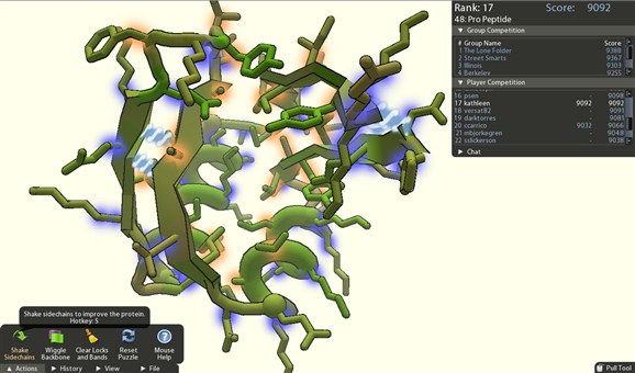 In the game Foldit, players solve protein structures by shaking, wiggling, and generally rearranging chains of amino acids into their optimal, lowest-energy configurations.