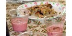 Chilled strawberry soup with chocolate swirl and brown sugar cinnamon honeyworms