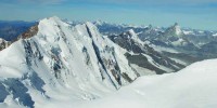 The view from capanna margherita, the highest research facility in Europe, as seen by Willmann and colleagues during a two-and-a-half-week expedition last summer. From the camp, which straddles the border of Switzerland and Italy, the famous Matterhorn is visible (pointy peak on the right). Elevation: 4,559 meters.Courtesy of Gabriel Willmann