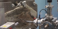 The Confuciusornis fossil on the experimental mount behind leaded glass to protect team from the intense x-rays.