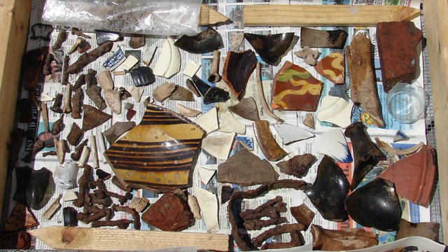 Native American artifacts and British pottery shards, estimated to be between 100 and 600 years old, collected by the Lost COlony Research Group on Hatteras Island. roberta estes