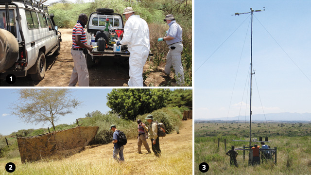 FIGHTING THE VIRUS: Assaf Anyamba (striped shirt) and a team of scientists carry out a field experiment in Kenya in 2011 to test the effectiveness of different insecticide spraying methods for mosquito control (1). By spraying insecticide on a net (right) and then checking for mosquito kill rates, the team hopes to determine whether spraying the fences of rural households is an effective preventive measure that could be used as a precaution when future warnings are issued. (3): On-the-ground sensors that measure reflected infrared and visible radiation, soil moisture, and land-surface temperature are used to validate similar measurements obtained from satellites.