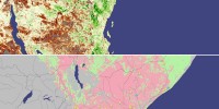 Areas in East Africa that experienced unusual greening of vegetation (shown in the image on top in green) in December 2006, corresponded to areas under increased risk of a Rift Valley fever outbreak (shown in the image on the bottom as red). Indeed the yellow dots show human Rift Valley fever cases that occurred inside the predicted risk areas.NASA's Goddard Space Flight Center 