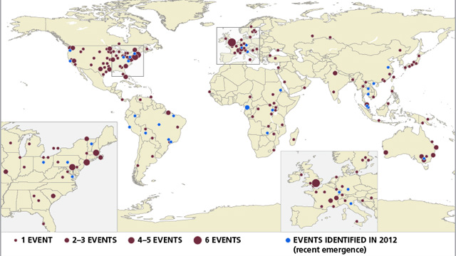 Emerging Zoonotic Disease Events, 1940-2012This maps locates zoonotic events over the past 72 years, with recent events in blue. Like earlier analyses, the study shows western Europe and western USA are hotspots. Recent events, however, show an increasingly higher representation of developing countries.INTERNATIONAL LIVESTOCK RESEARCH INSTITUTE