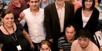 Jack Szostak, who shared the 2009 Nobel Prize with Elizabeth Blackburn for his work on telomeres, with the members of his lab at Massachusetts General Hospital, this year's #5 institution.Massachusetts General Hospital