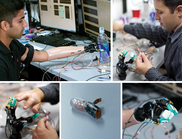 SUPER SENSOR: University of Southern California junior Vikram Pandit (top left) uses a prosthetic hand equipped with BioTac sensors to delicately pick up a foam peanut and a water bottle. BioTac creator Jeremy Fishel tests the sensors (top right). Single BioTac sensor with a clear silicone “skin” shows the bone-like electronic core.