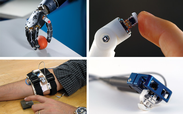 TOUCH THIS: A motorized tactor developed by Kinea (bottom right) mechanically stimulates an alternative body surface (bottom left) to “playback” the sensations picked up by fingertip sensors (top left) of a prosthetic hand. The Modular Prosthetic Limb (top right and featured image), developed by the Johns Hopkins Applied Physics Laboratory, uses the Kinea sensors in its fingertips.